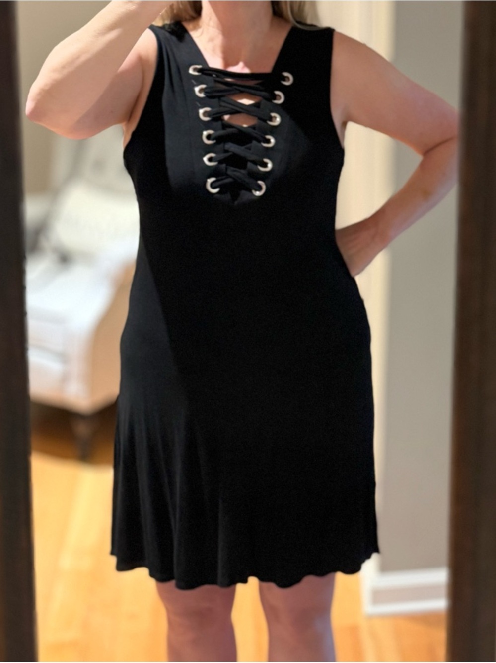 Sleeveless Black Lace-Up Front A-Line Dress